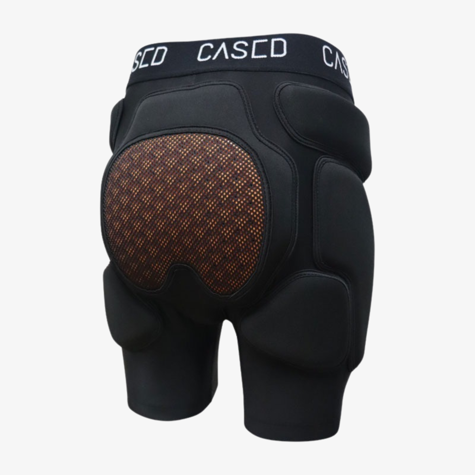 Back view of Cased protective pants for winter sports