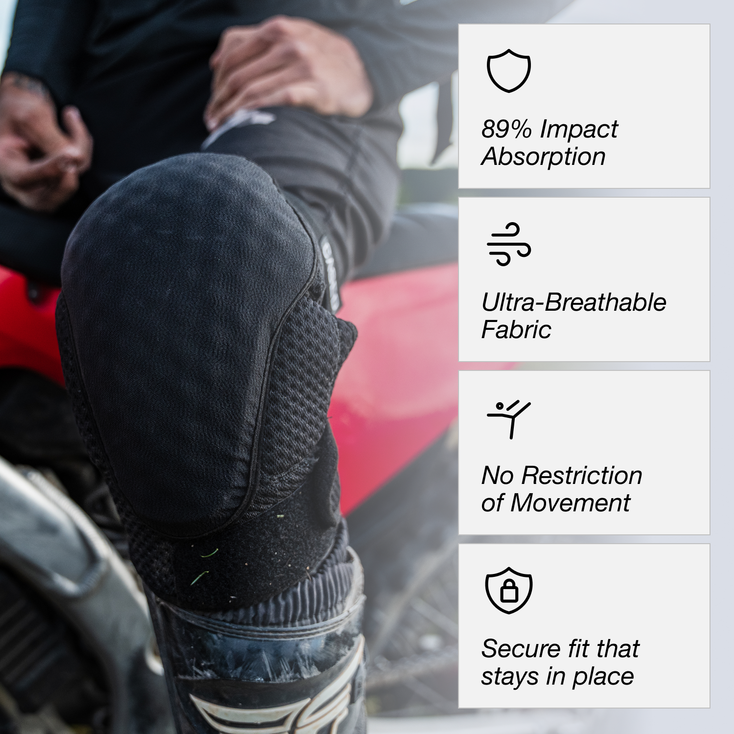 Close-up of a person wearing Cased knee pads black with text highlighting the pads' impact absorption and comfort features.