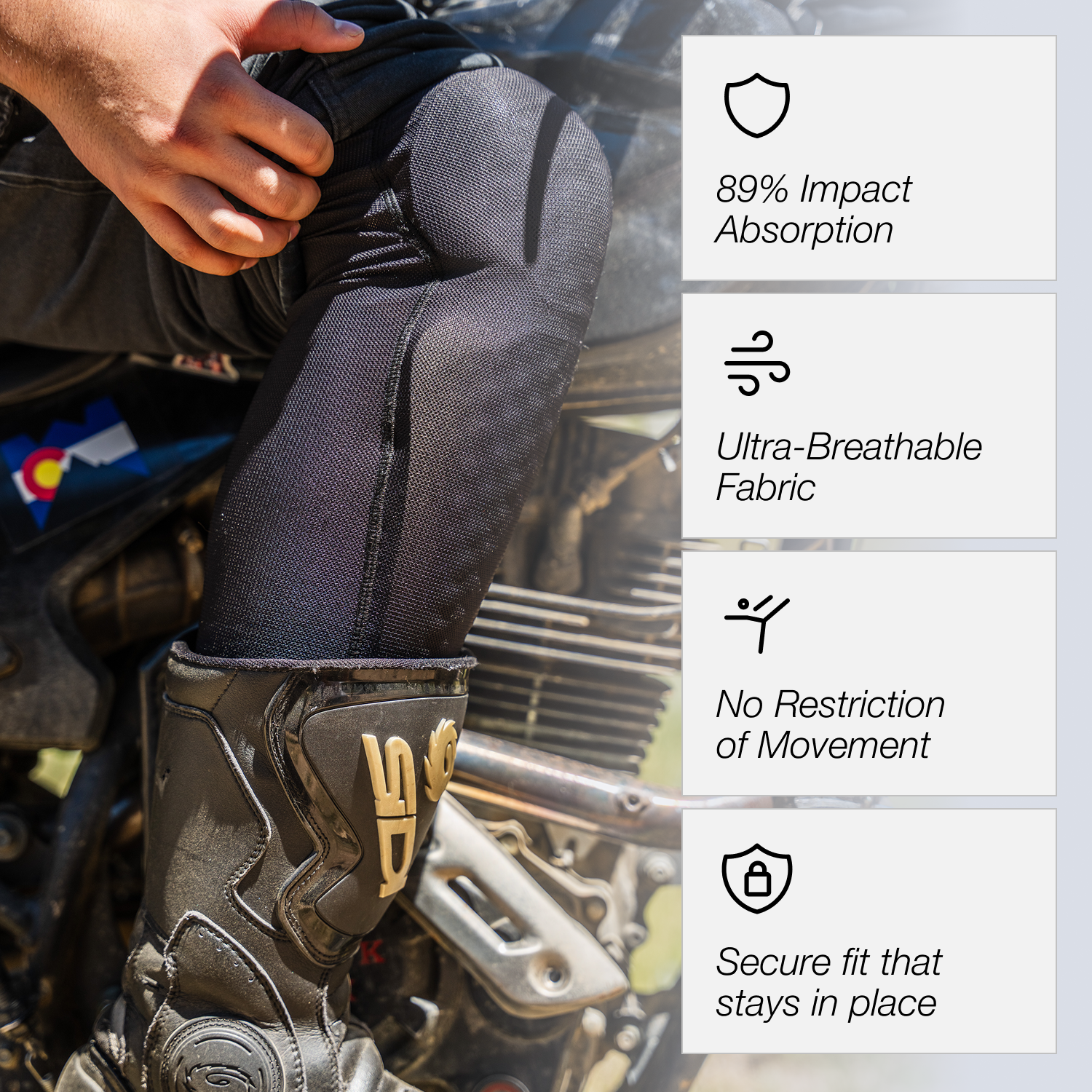 Moto rider wearing Cased knee pads with listed benefits: impact absorption, breathability, unrestricted movement, secure fit.