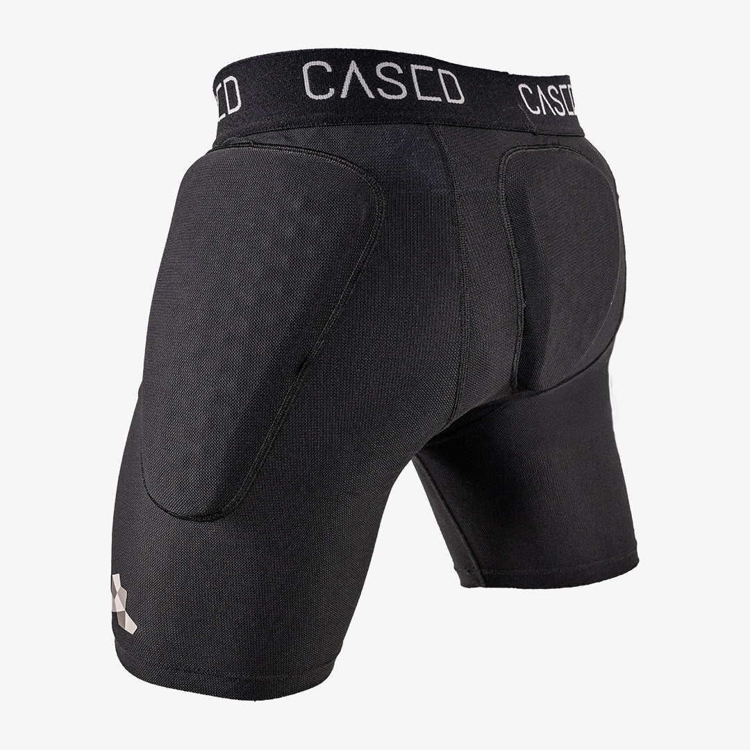 Rear view of Cased MTB inner protective shorts designed with CE Level 2 protection to help prevent injury without discomfort.