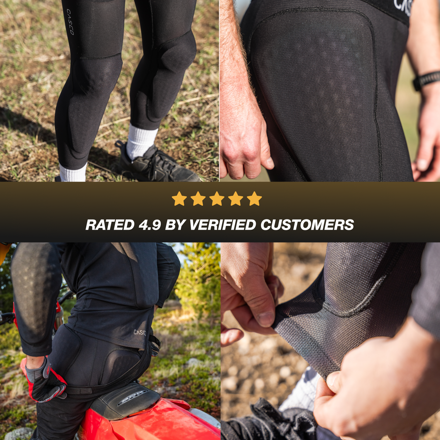 Close-up of Cased inner protective MTB pants with text rating 4.9 by verified customers.