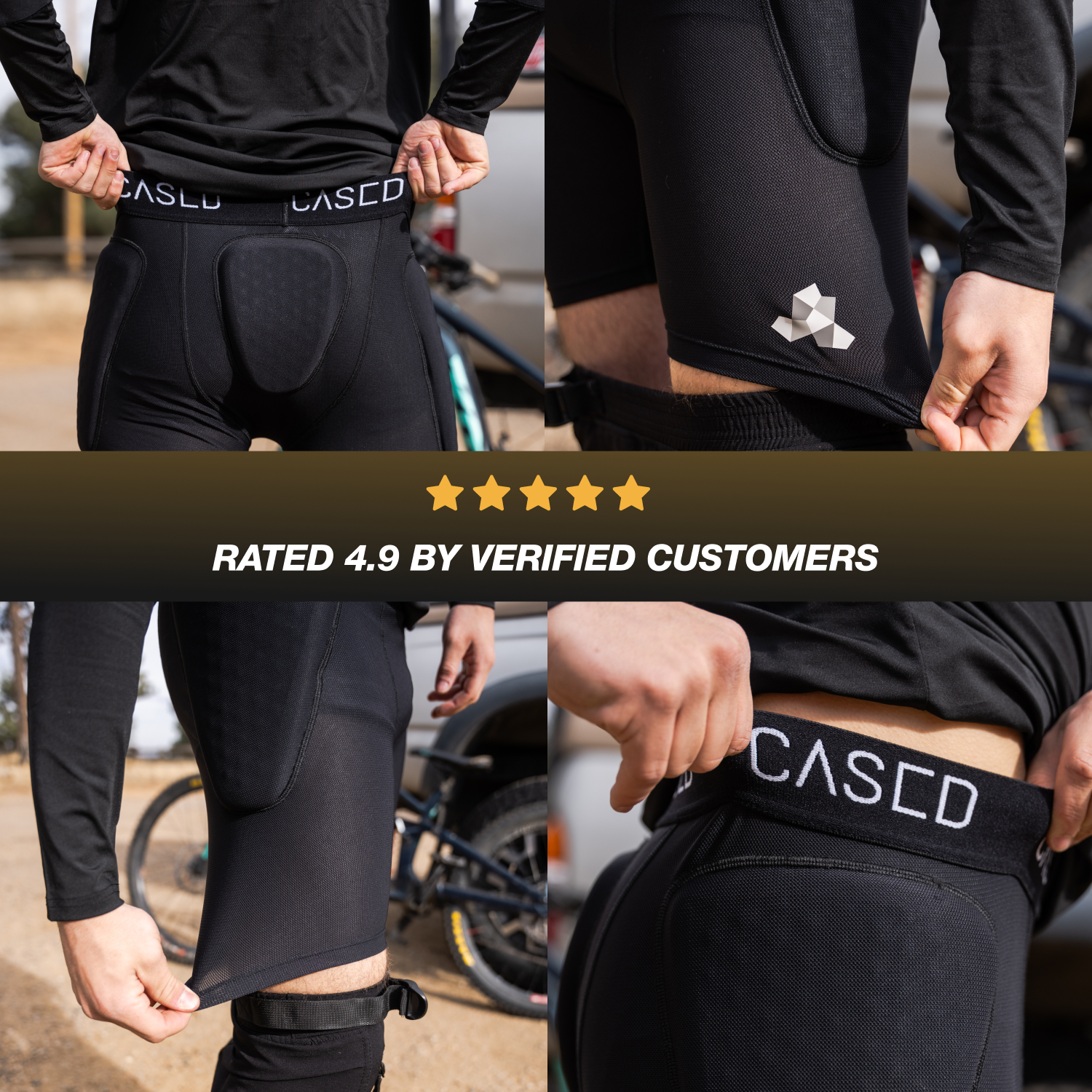 Multiple photos of Cased inner protective shorts from different angles with a 5-star customer rating overlaid.