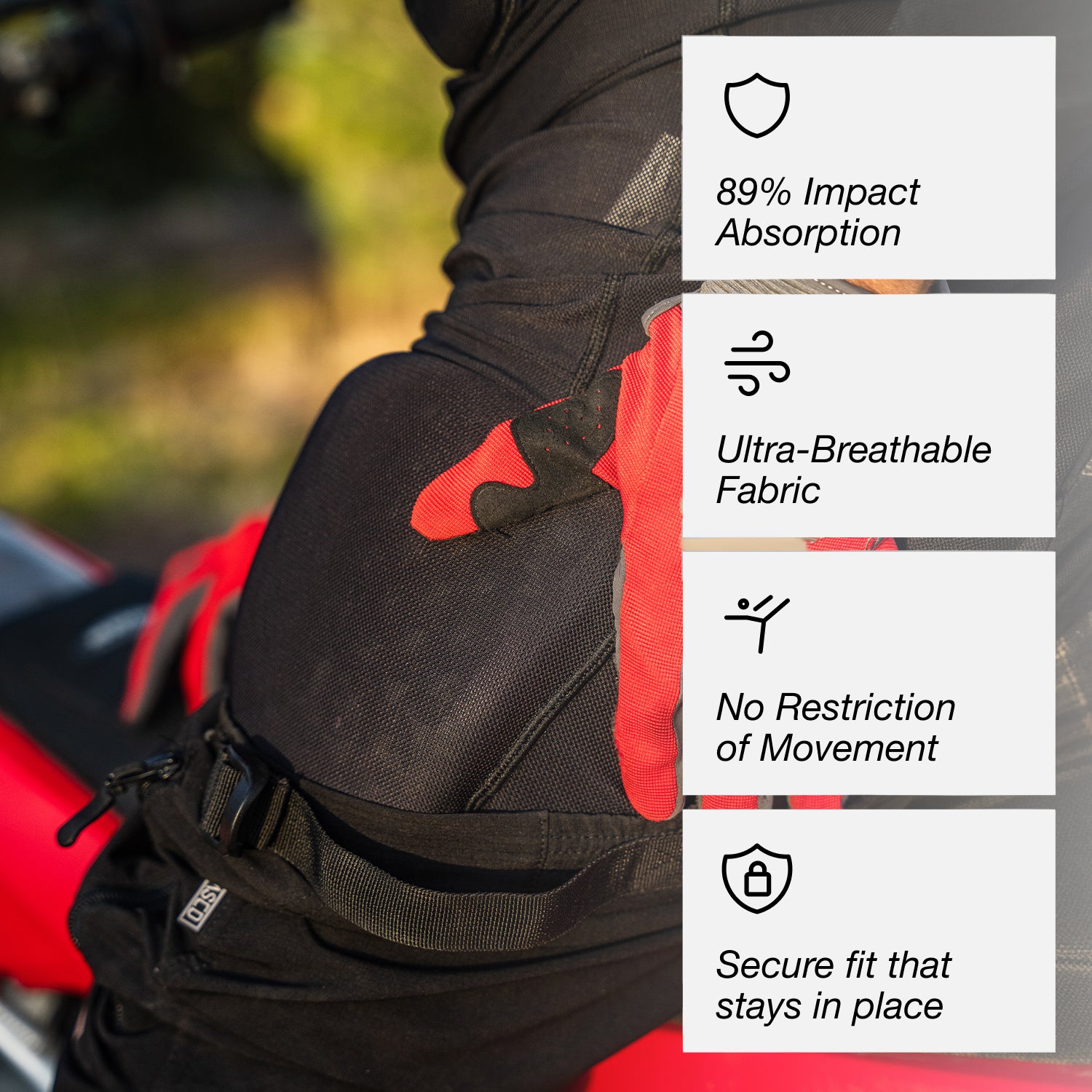 Cased inner protective pants feature 89% impact absorption, ultra-breathable fabric, unrestricted movement and secure fit.