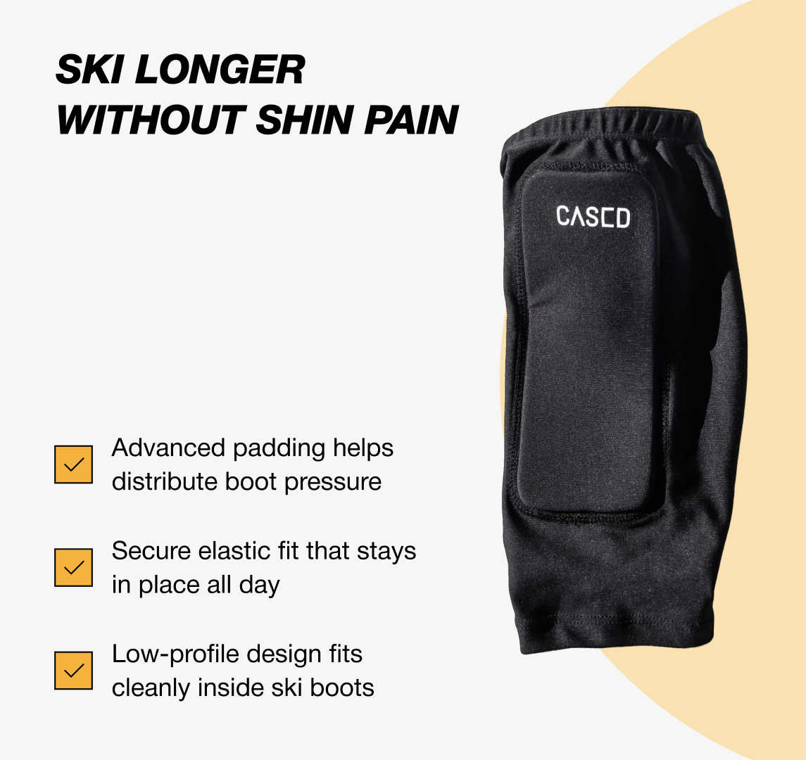 Photo of Cased ski shin guard with benefits listed, including advanced padding, secure fit, and low-profile design.
