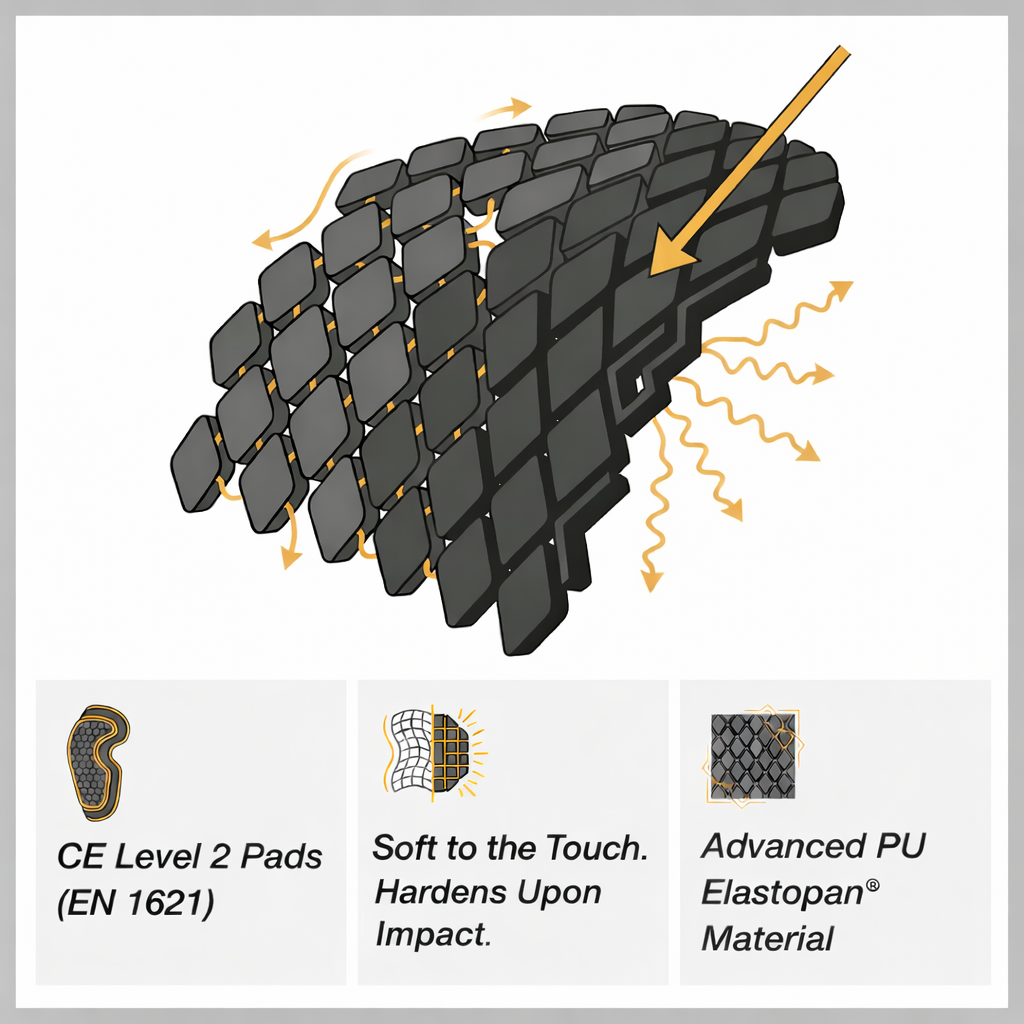 Illustration of material technology behind protective pads used in Cased inner protective shorts for skiing and snowboarding.