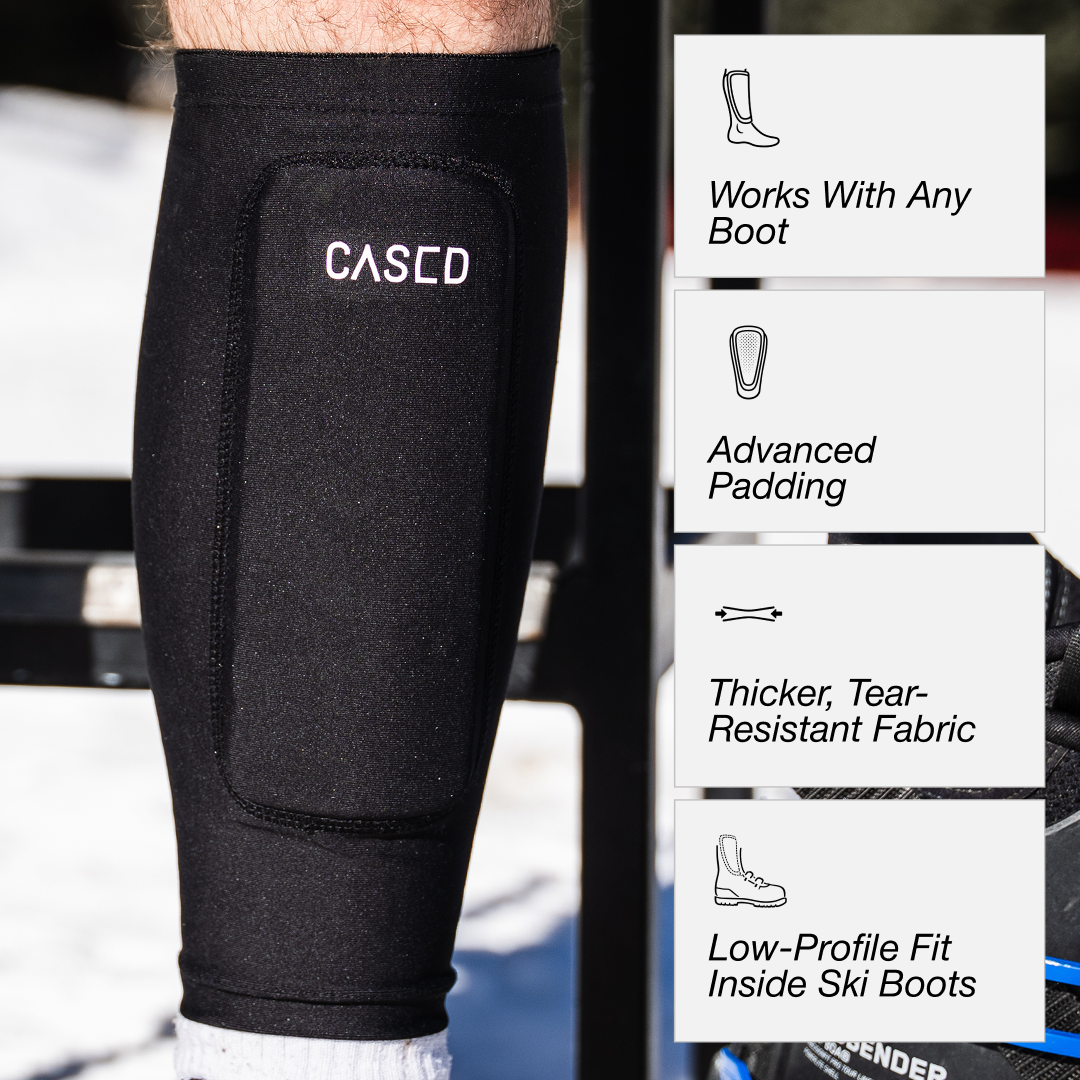 Photo of Cased ski shin guard with diagrams to show benefits, including padding, fit, durability, and low-profile design.
