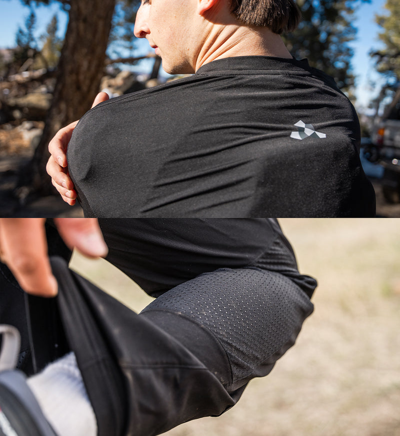 Two photos of a rider wearing a protective shirt and pants demonstrating the breathability of Cased gear.