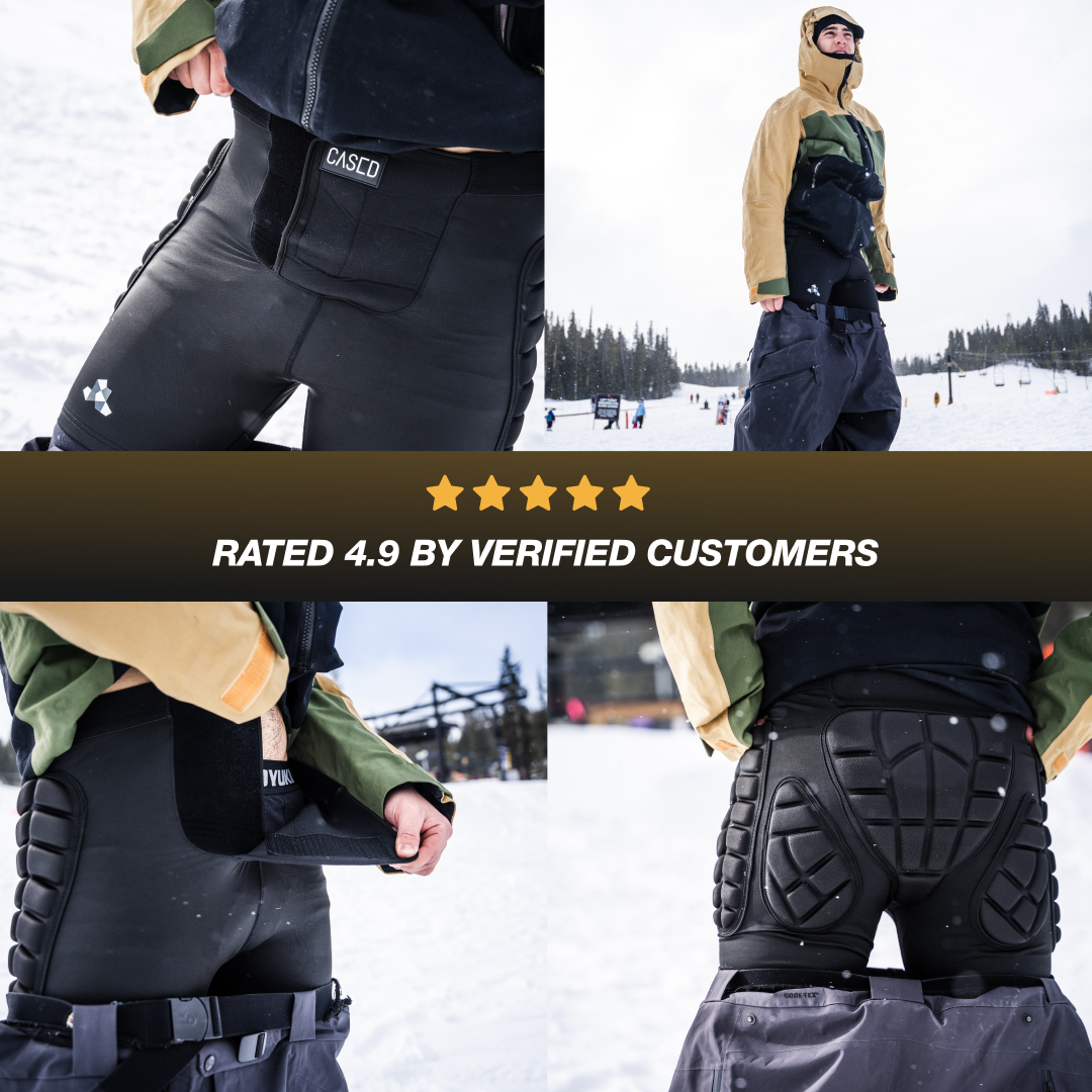 Image collage of customers wearing Cased low-profile inner protective ski and snowboard shorts with 5-star rating overlay.