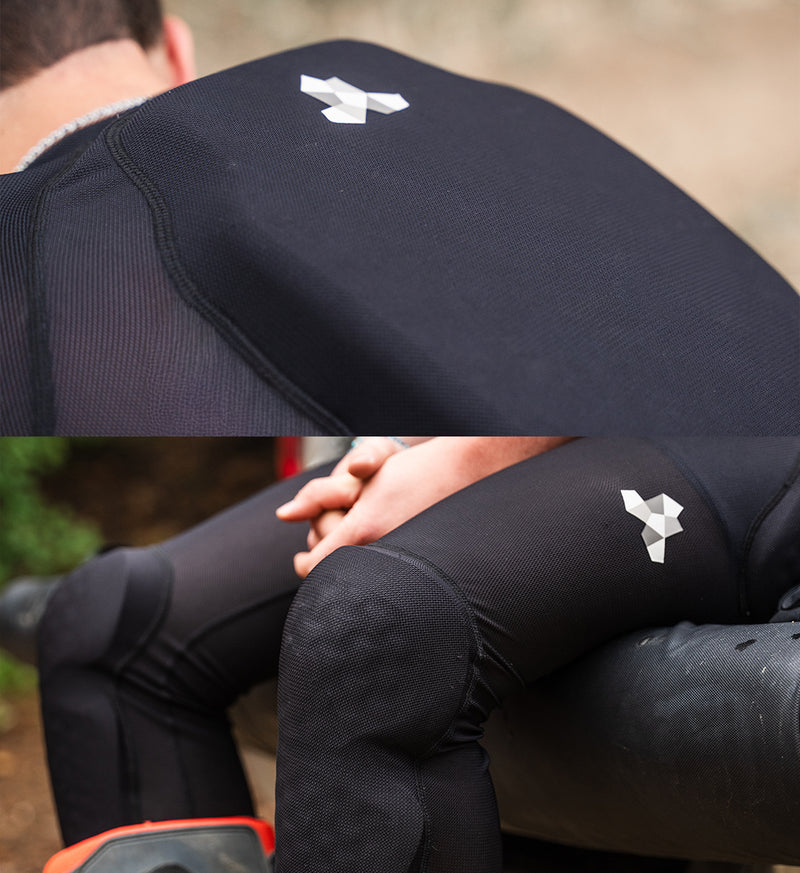 Two-pic collage with rider wearing Cased protective gear with close-up of CE Level 2 back pad and knee/shin pads.