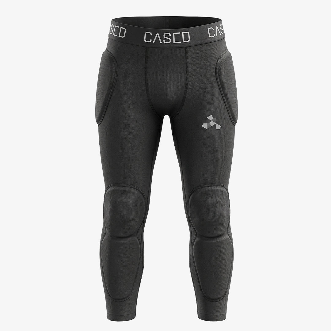 Front view of Cased's base-layer pants with CE Level 2 certified impact pads on the hips, knees and shins.