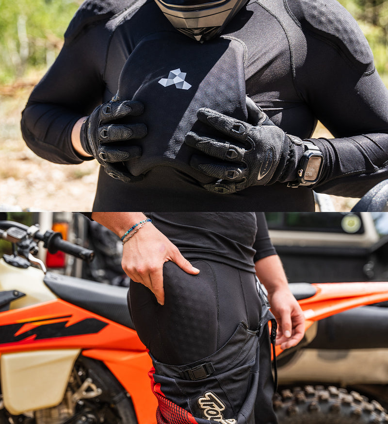 Two-pic collage of moto rider wearing Cased protective gear with close-up of CE Level 2 chest pad and hip pad.
