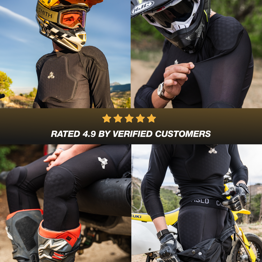 Collage showing different angles of Cased inner protective shirt for moto riders with a 4.9-star customer rating overlay.