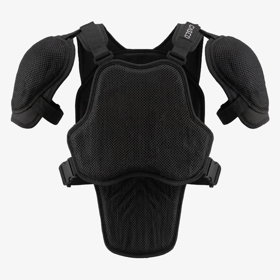 Front view of Cased padded upper shell designed to protect without holding riders back in action sports like MTB and Moto.