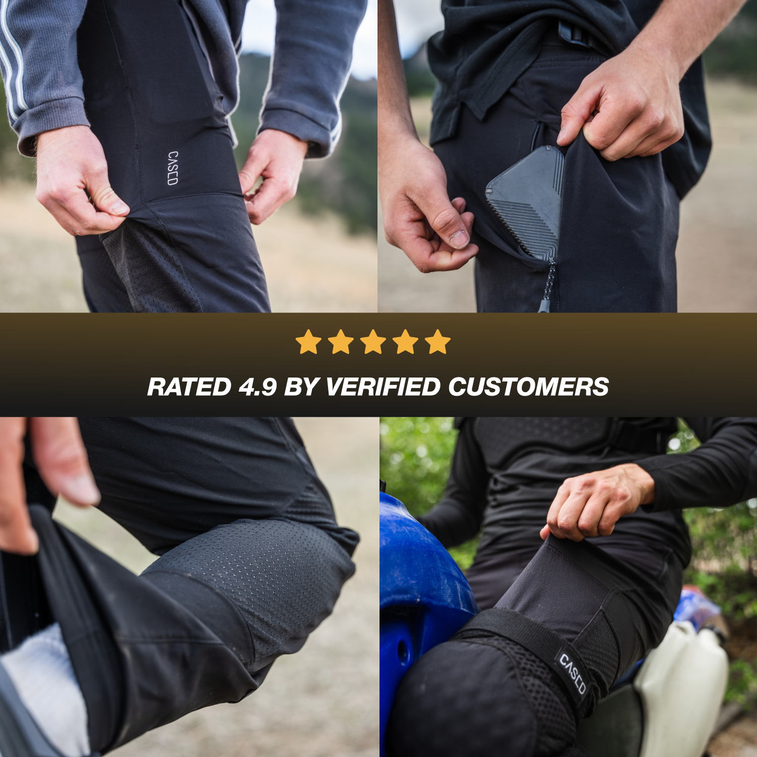 Collage with motorcycle rider showing various detailed features of Cased riding pants with 4.9-star customer rating banner.