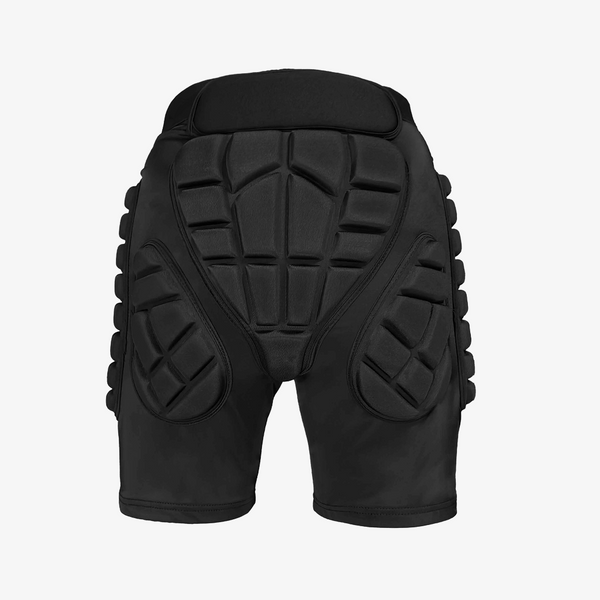 Cased low-profile, form-fitting inner protective shorts designed for snowboarding and skiing