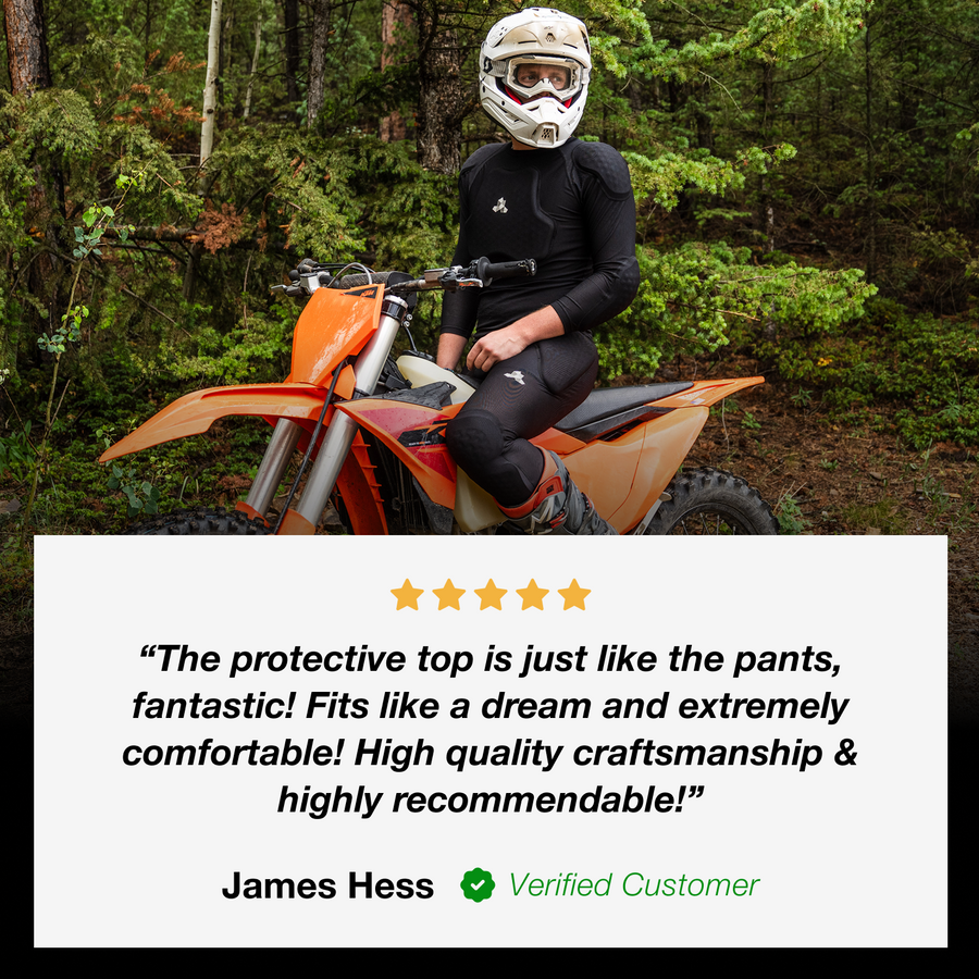 Moto rider wearing Cased protective top and pants with a five-star customer review touting fit, comfort, and craftsmanship.