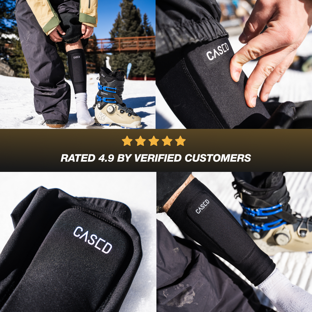Collage of lifestyle images showing a person wearing Cased ski shin guards with a 5-star customer satisfaction overlay.