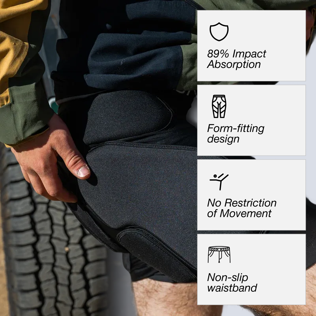 Photo of person wearing inner protective shorts with text highlighting the benefits of impact protection, fit and comfort.