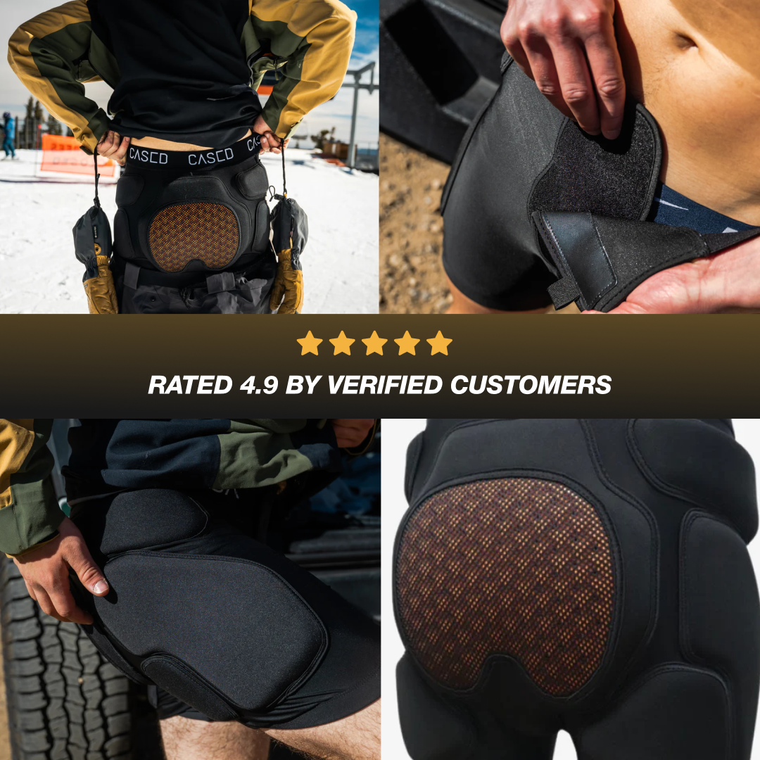 Collage of photos of person wearing inner protective shorts for skiing and snowboarding with a 5-star customer overlay.