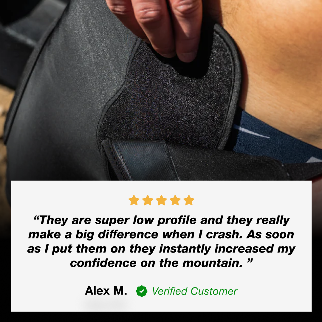 Image of person wearing Cased inner protective shorts, with a customer review overlay explaining the low-profile design.