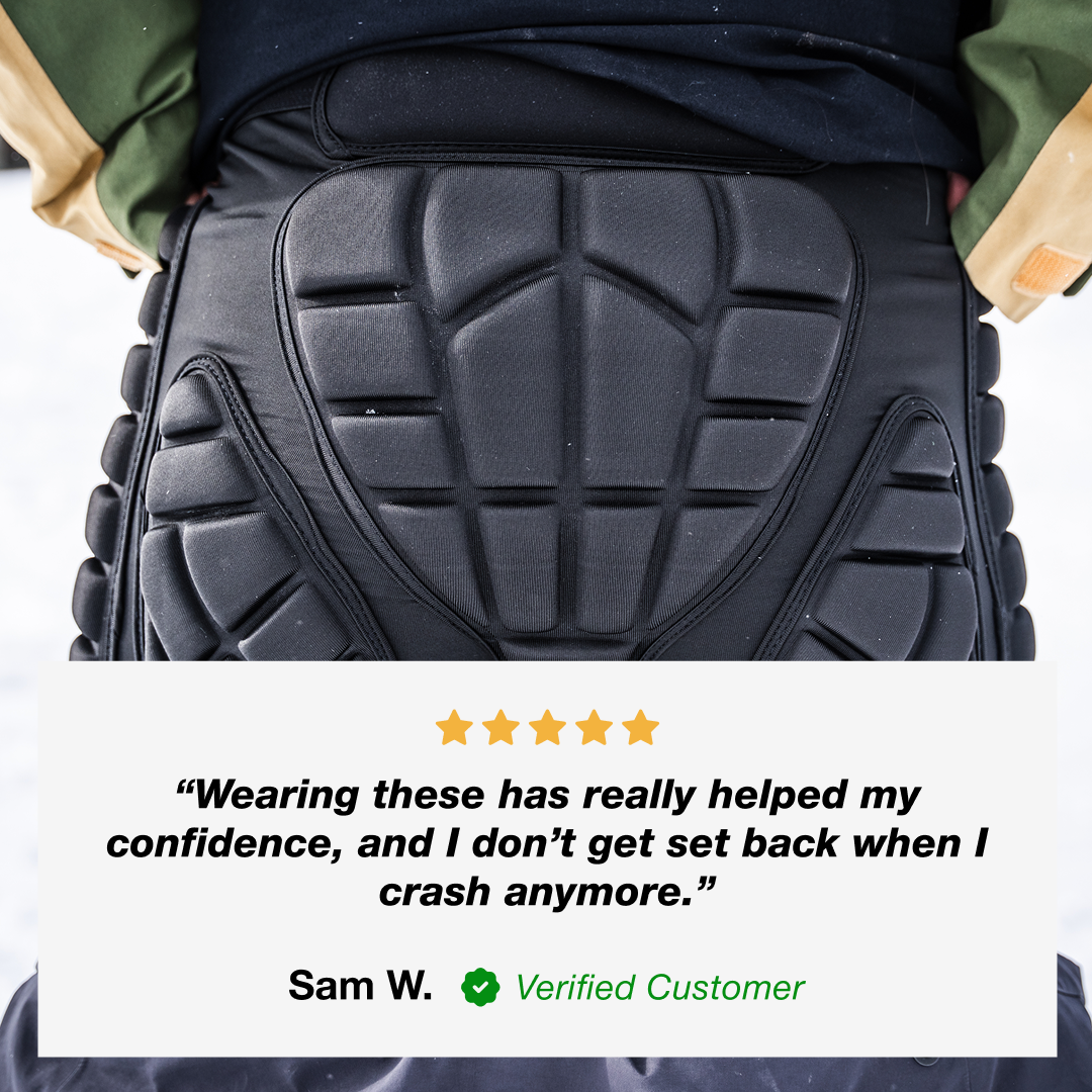 Close-up of tailbone pad on the low-profile inner protective snowboard shorts with a five-star rating and customer review. 
