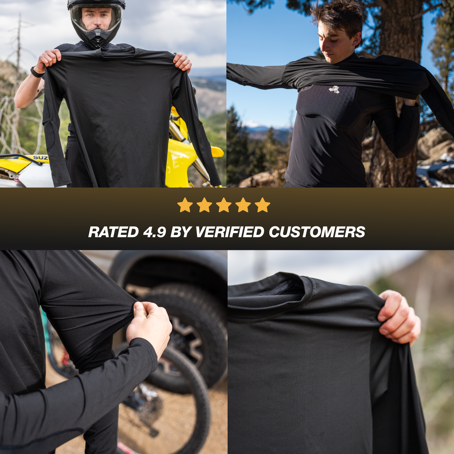 A four-panel collage showing a person wearing and stretching Cased long sleeved protective shirt with a 5-star banner.