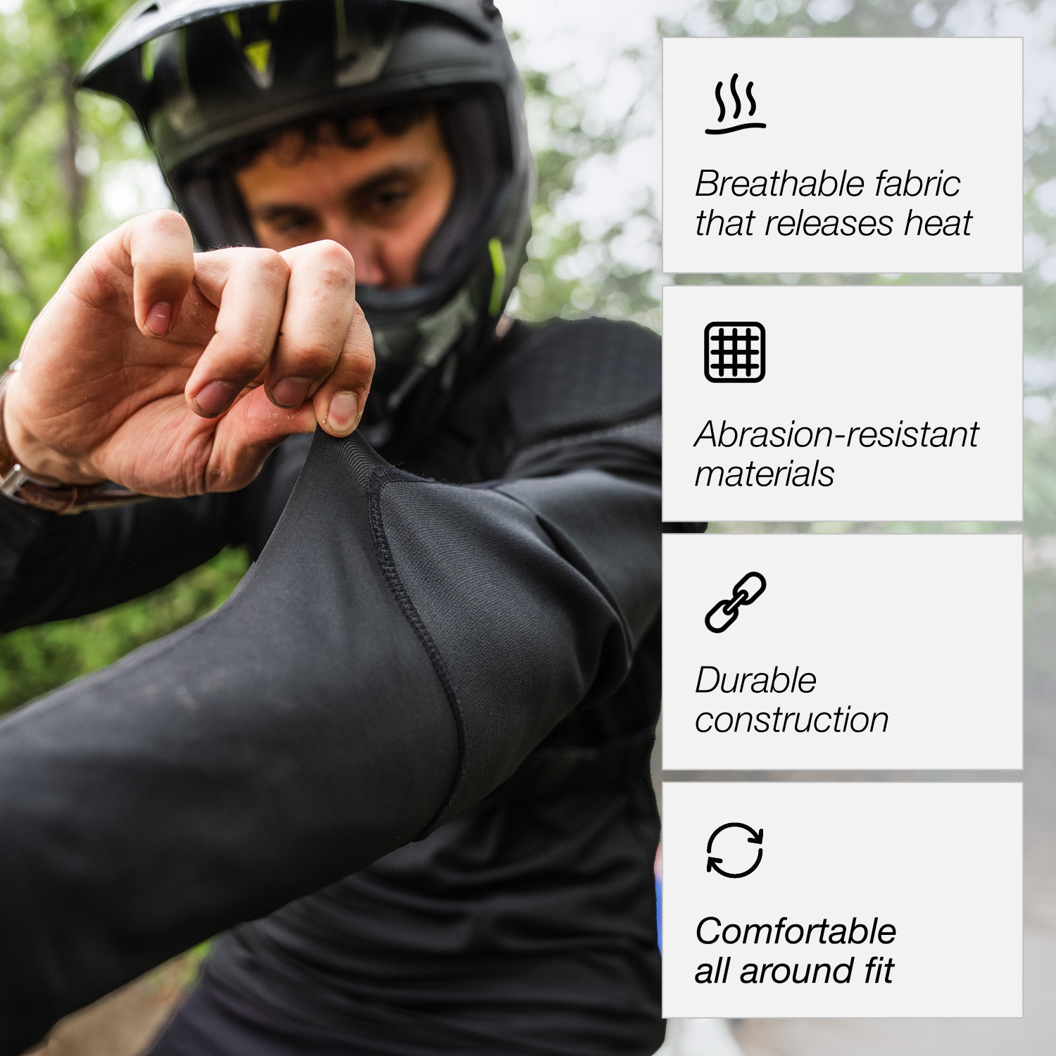 Rider wearing a Cased jersey with product benefits listed: breathable fabric, abrasion-resistance, durability and comfort.