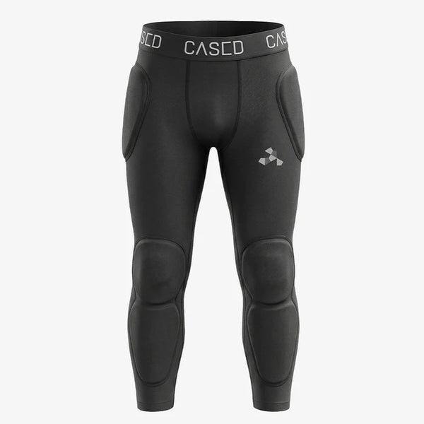 Front view of Cased inner protective pants showing the built-in padding for hips, knees and shins.