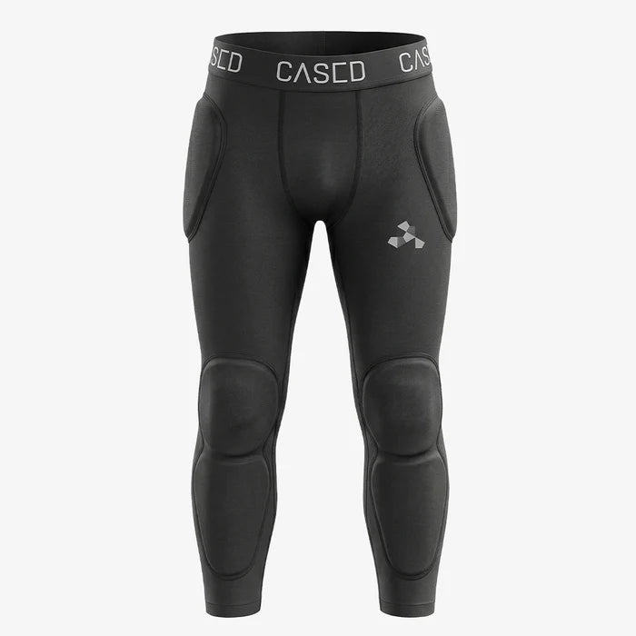 Front view of Cased inner protective pants showing the built-in padding for hips, knees and shins.